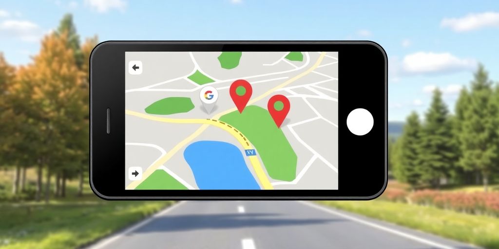 Smartphone map with marked locations and navigational arrows.