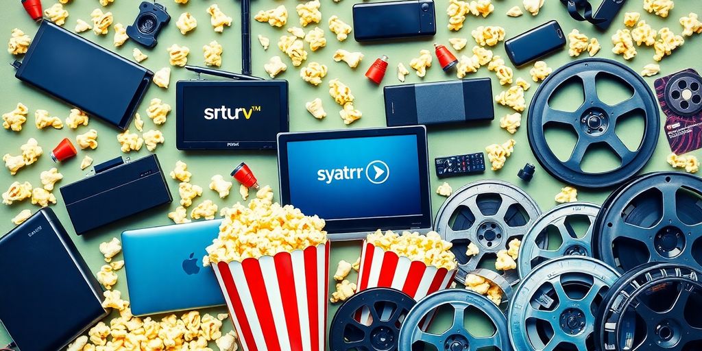 A collage of streaming devices and popcorn.
