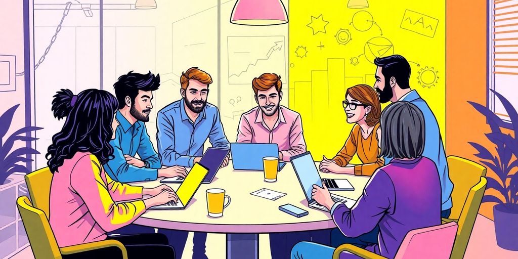 Entrepreneurs collaborating in a vibrant, energetic office setting.