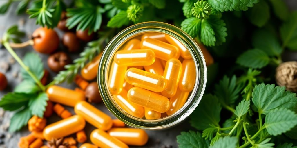 Omega X L capsules in a glass jar with herbs.