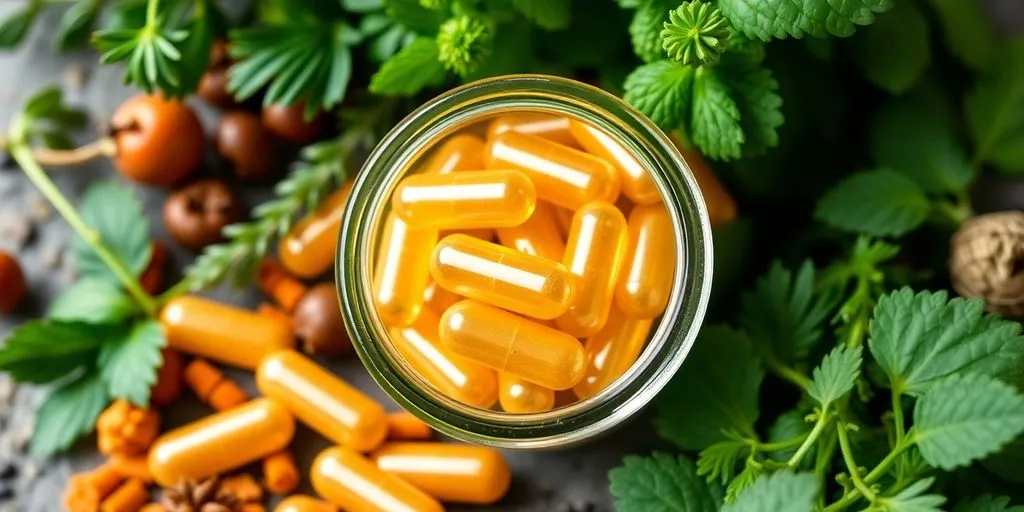 Omega X L capsules in a glass jar with herbs.