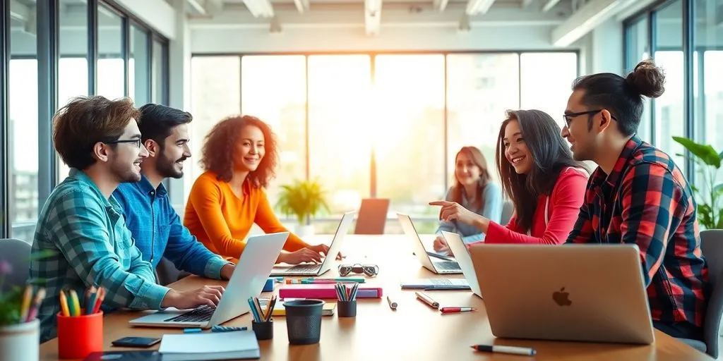 Startup team collaborating in a bright, modern office.