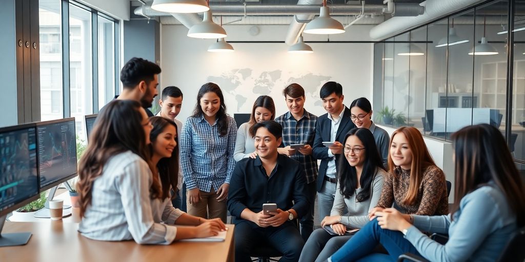 Diverse team collaborating in a vibrant startup office.