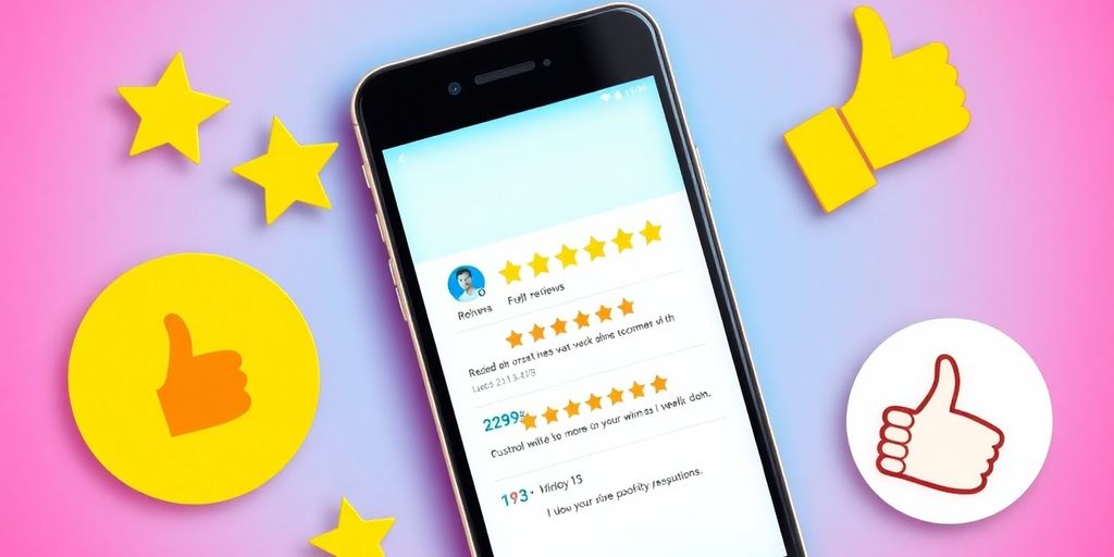 Smartphone with Google reviews and positive feedback icons.