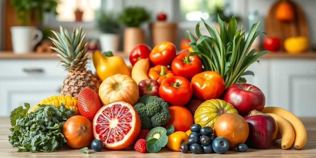 Colorful fruits and vegetables in a bright kitchen setting.
