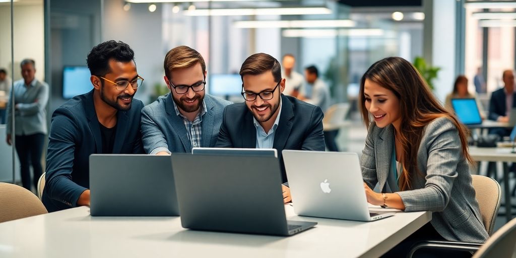 Diverse professionals collaborating in a modern office setting.