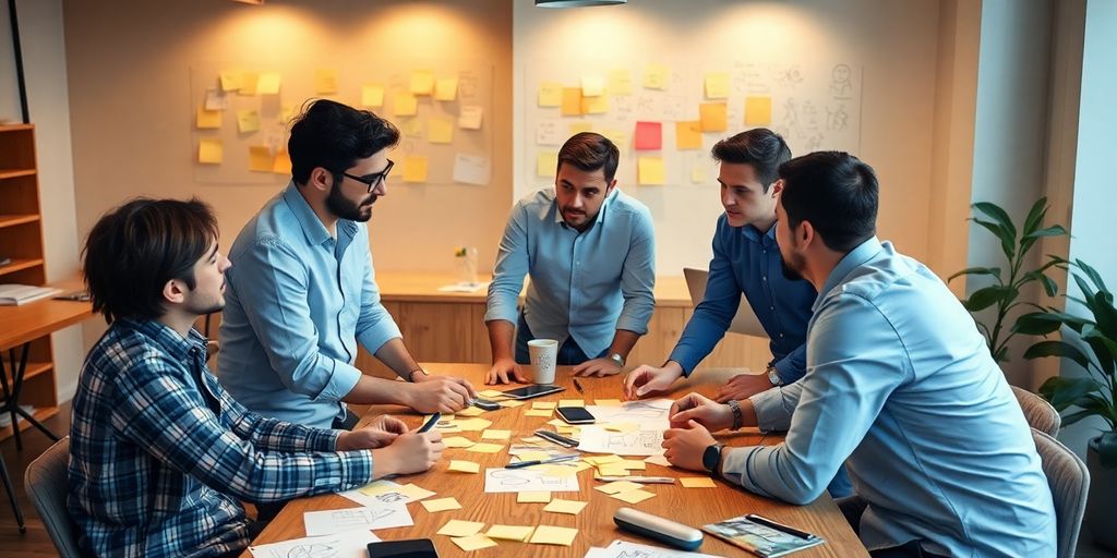 Entrepreneurs collaborating in a creative workspace environment.