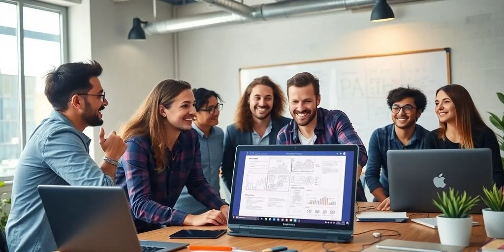 Diverse entrepreneurs collaborating in a modern workspace.