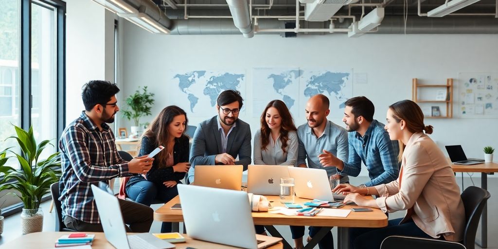 Group of entrepreneurs collaborating in a modern workspace.