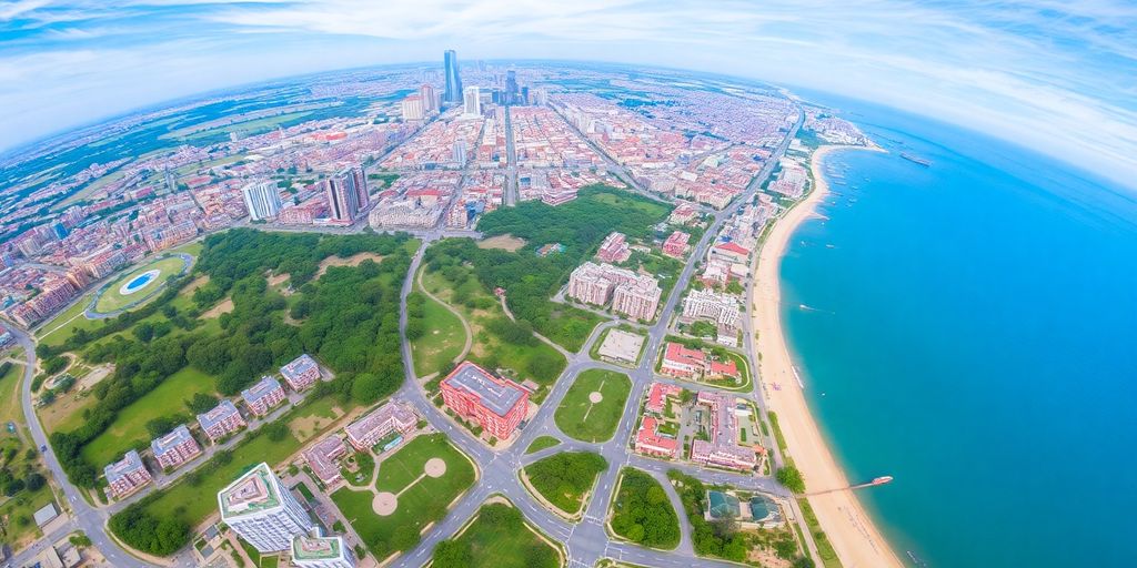 Aerial view of a detailed cityscape with greenery.