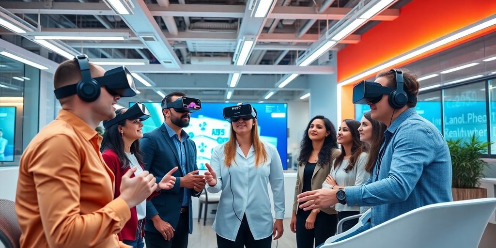 Futuristic office with professionals engaging in dynamic discussions.