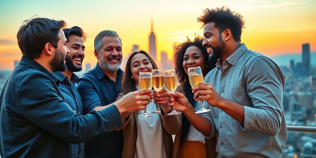 Diverse founders celebrating their start-up success against a skyline.