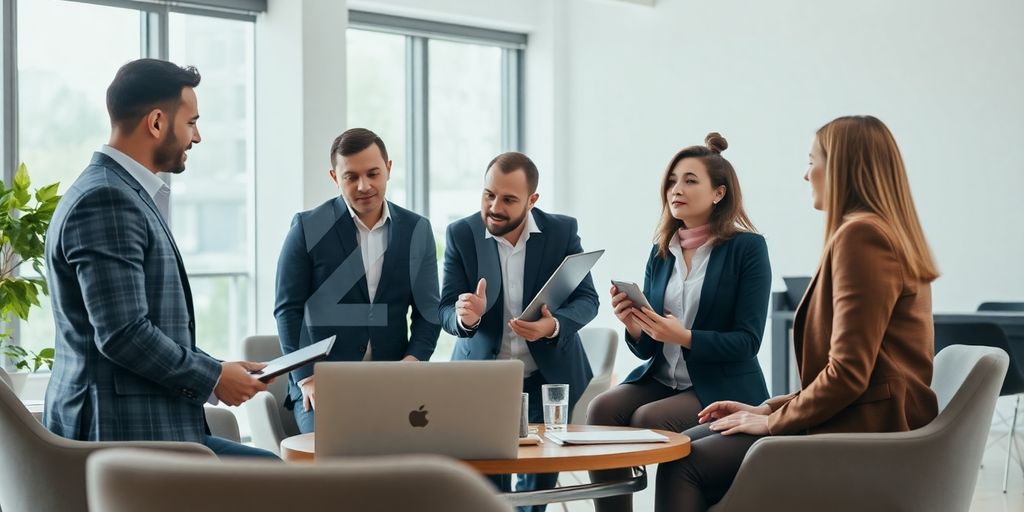 Diverse professionals collaborating in a modern office setting.
