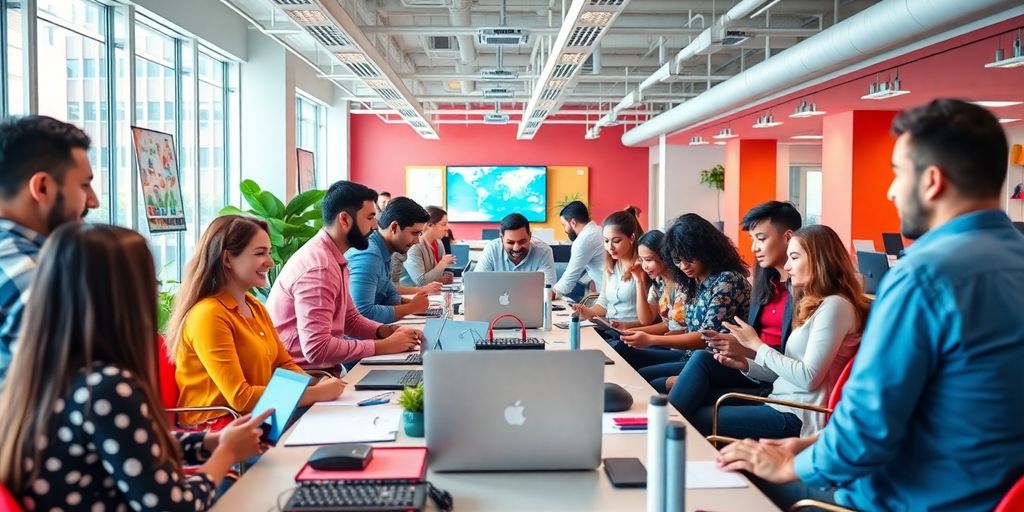Diverse team collaborating in a bright startup office.