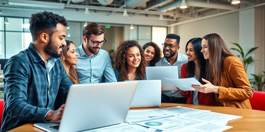 Diverse entrepreneurs collaborating in a vibrant startup environment.