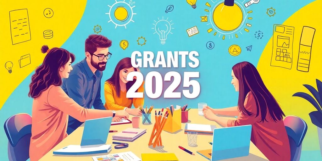 Team brainstorming ideas for startup grants in 2025.