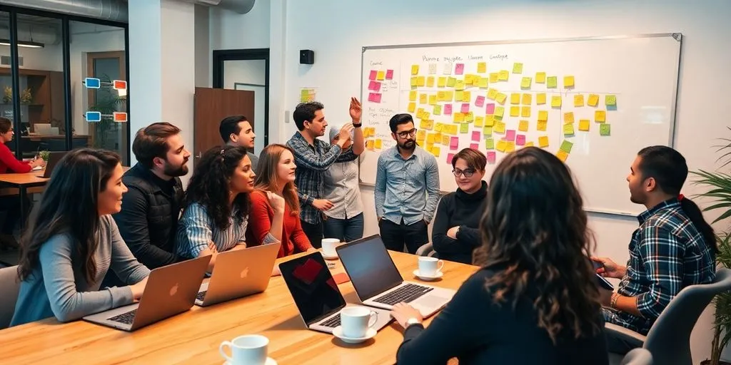 Entrepreneurs collaborating in a lively co-working space.