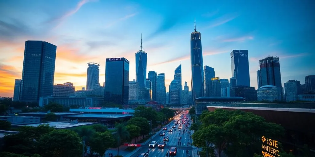City skyline at dusk with modern skyscrapers and greenery.