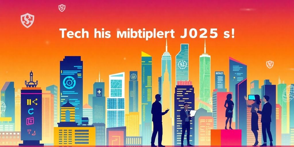 Futuristic city skyline with tech professionals and gadgets.