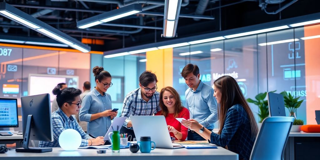 Futuristic office with diverse professionals collaborating creatively.