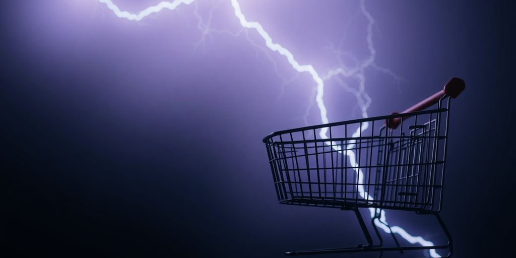 Lightning bolt with shopping cart silhouette in dark sky.