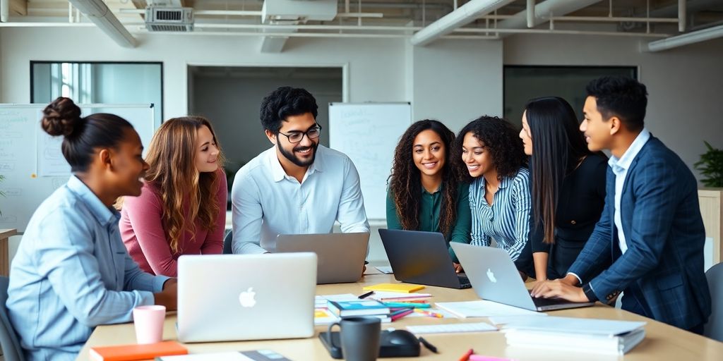 Diverse professionals brainstorming in a modern office setting.