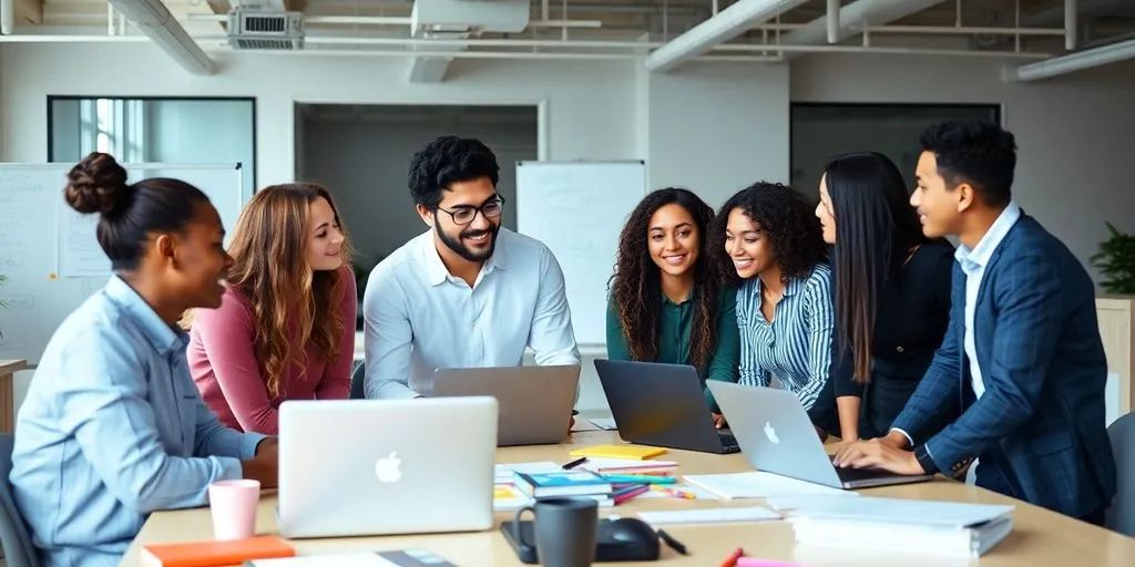 Diverse professionals brainstorming in a modern office setting.