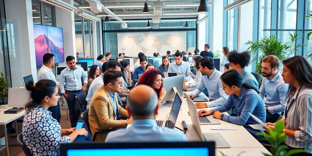 Diverse professionals collaborating in a modern office setting.