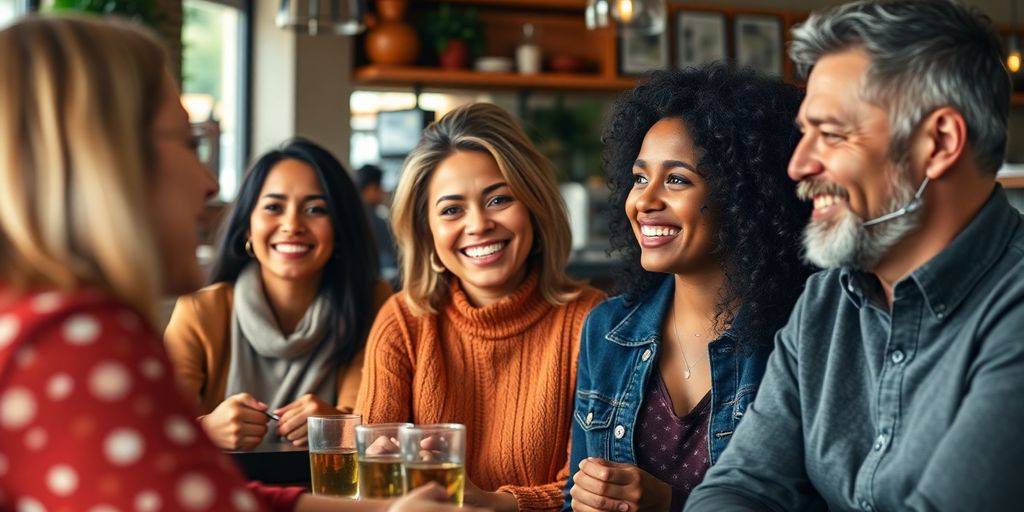 Group of customers discussing reviews in a cafe.