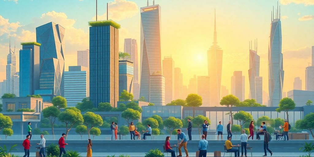 Futuristic skyline with innovative buildings and people collaborating.