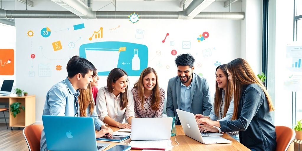 Diverse young professionals collaborating in a modern office.