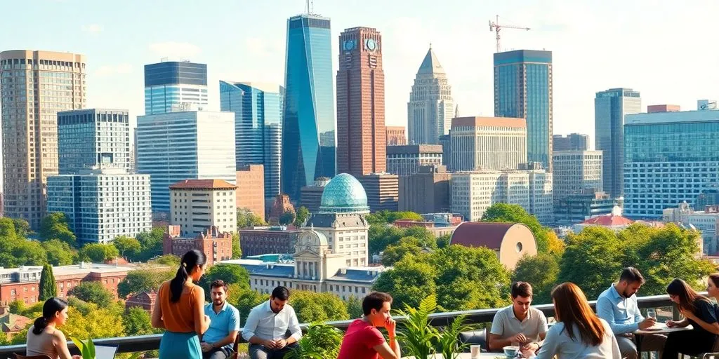 Boston skyline with entrepreneurs in a modern workspace.