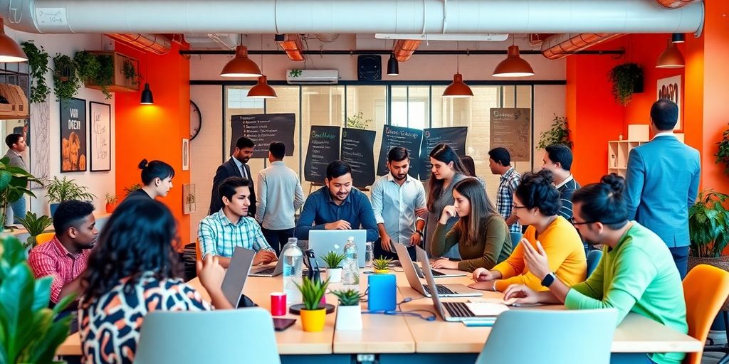 Diverse team collaborating in a modern startup workspace.