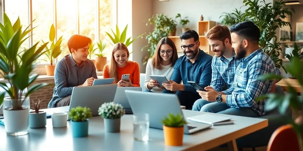 Group of diverse small business owners in a modern workspace.
