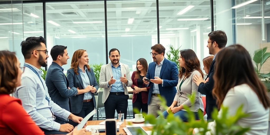 Diverse professionals collaborating in a modern office environment.