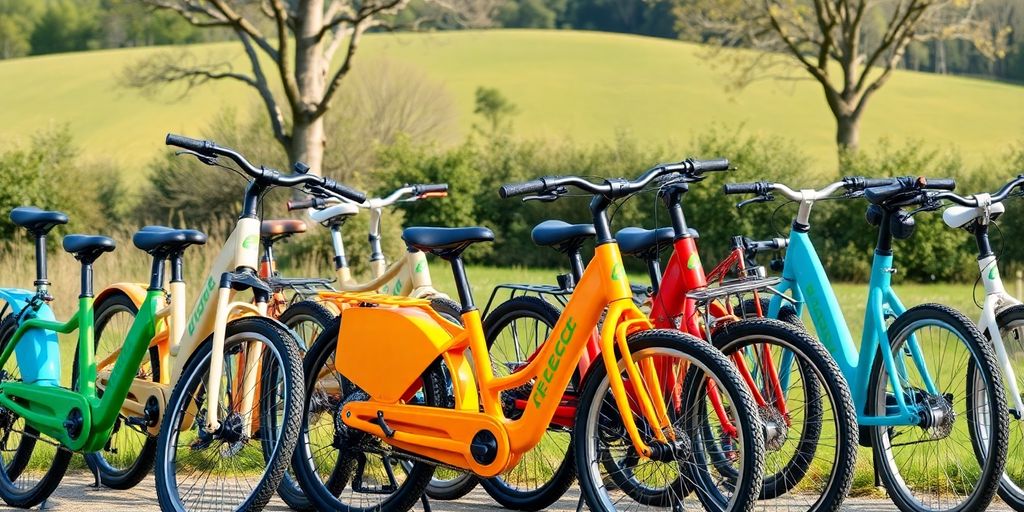 Eco-friendly bikes displayed outdoors in a scenic setting.