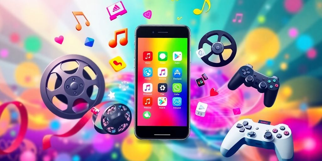 Smartphone with app icons and entertainment elements around it.