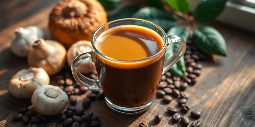 A cup of mushroom coffee with fresh mushrooms.