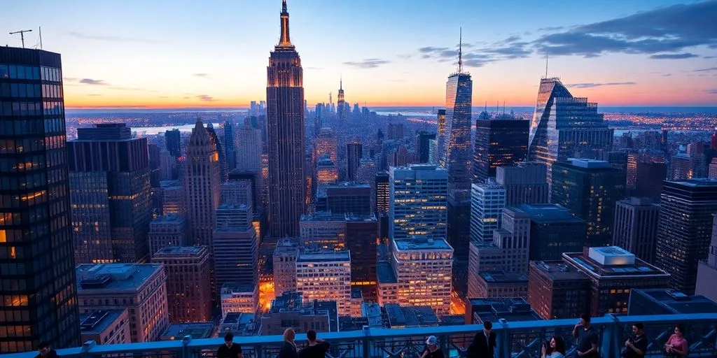 New York City skyline with modern buildings and tech activities.