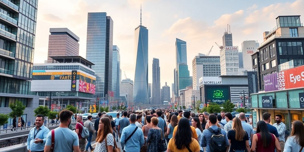 City skyline with modern architecture and diverse entrepreneurs.