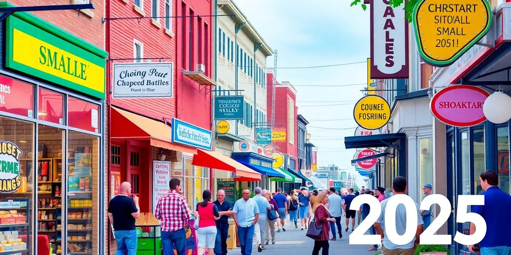 Diverse small businesses on a bustling street in America.