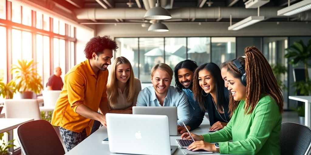 Group of entrepreneurs collaborating in a tech workspace.