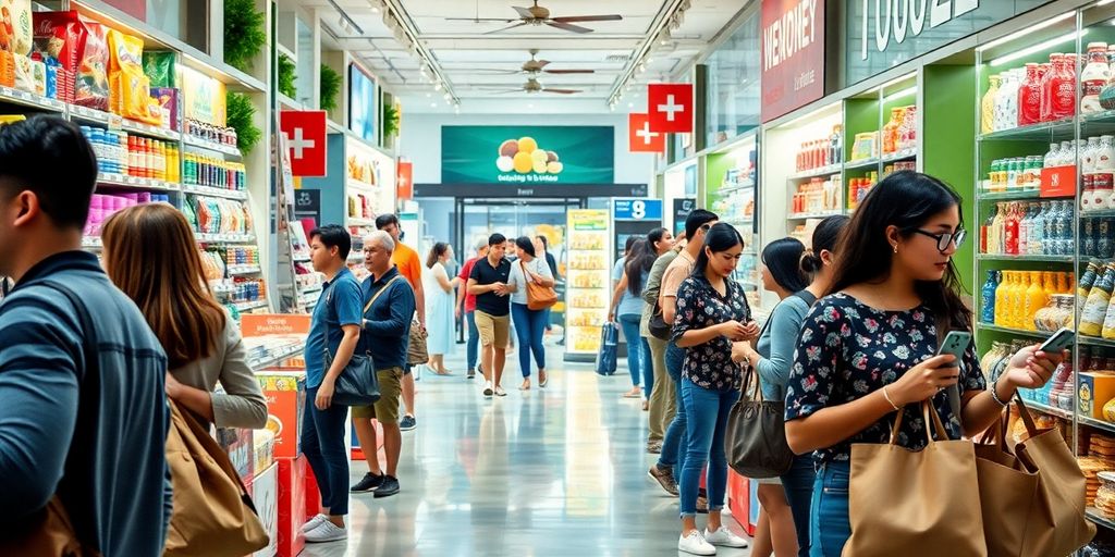 Diverse shoppers in a lively, modern retail environment.