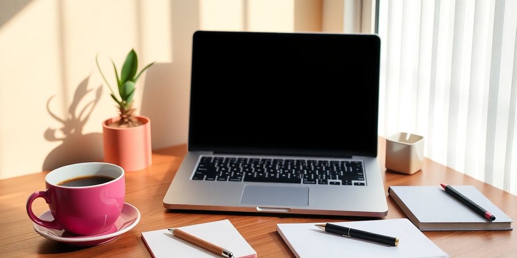 A bright workspace with a laptop and coffee cup.