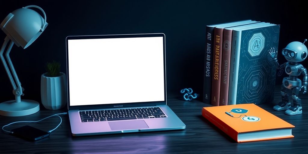 Modern workspace with AI-themed tools and laptop.