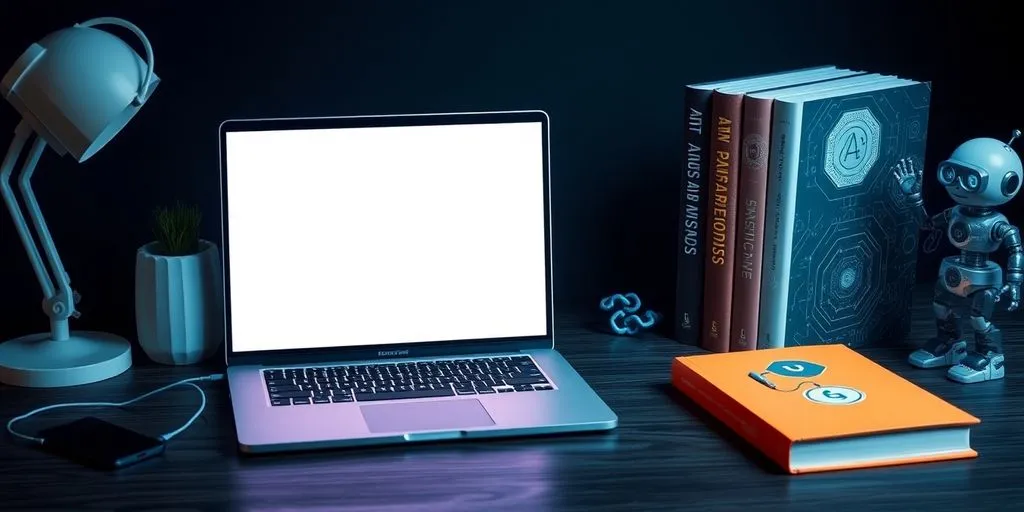 Modern workspace with AI-themed tools and laptop.