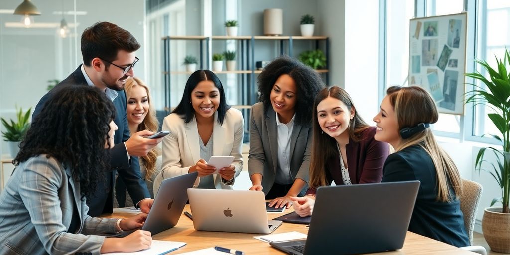 Business professionals collaborating in a modern office setting.