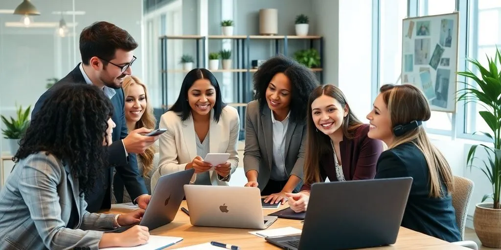 Business professionals collaborating in a modern office setting.