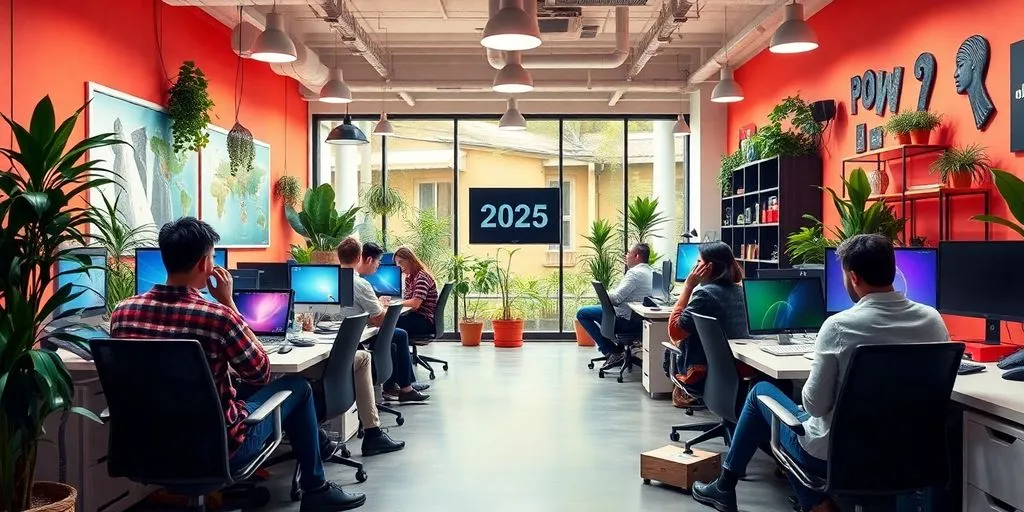 Modern workspace with innovative gadgets and collaboration.