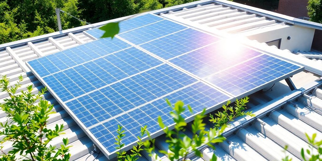 Solar panels on a house roof under clear blue skies.